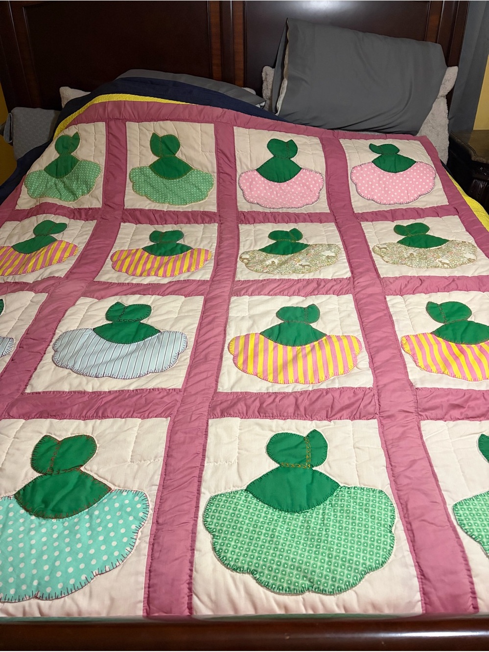 Handmade Pink Patchwork Holly Hobby Quilt - Green & White Accents
